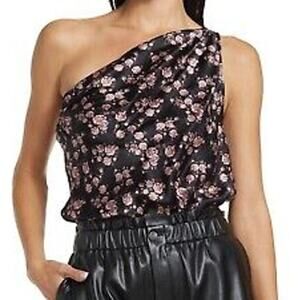 Cami NYC NWT Silk One Shoulder Floral Black Pink Bodysuit Size XL Quartz Garden